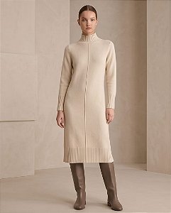 VESTIDO MIDI COM FRIZO E GOLA ALTA (OFF WHITE)
