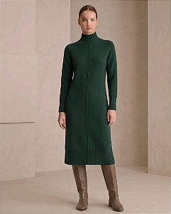 VESTIDO MIDI COM FRIZO E GOLA ALTA (VERDE)