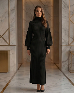 Vestido Longo Canelado Manga Bufante (PRETO)