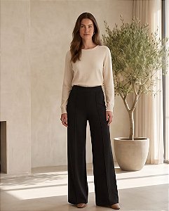 Calça Pantalona em Tricot com Friso (PRETO)