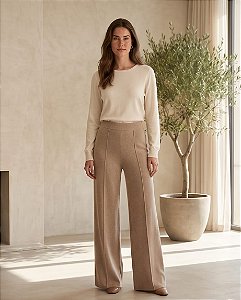 Calça Pantalona em Tricot com Friso (BEGE)