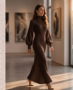 VESTIDO MIDI CANELADO MANGA BUFANTE (MARRON)