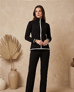 Conjunto confort calça com friso e blusa com det. off (Calça E Blusa preto com off)