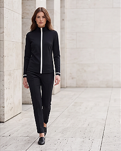 Conjunto confort calça com friso e blusa com det. off (Calça E Blusa preto com off)