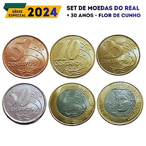 Set de moedas do Real 2024 Completo - Normais + 30 anos - FC