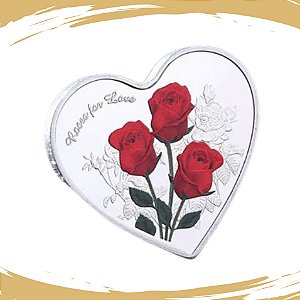 Moeda Coração Rosas Vermelhas - Prateada - TE AMO em 52 Idiomas - FC