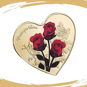 Moeda Coração Rosas Vermelhas - Dourada - TE AMO em 52 Idiomas - FC