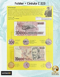 Promoção - Folder com a Cédula C-223 - 10.000 Cruzeiros 1993 - Vital Brazil - Sob/FE