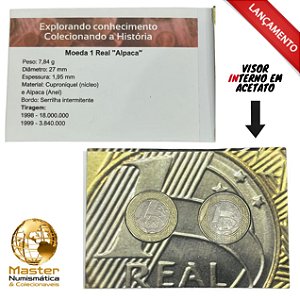 Cartela com visor contendo as Moedas de 1 Real Alpacas - 1998 e 1999 - Circuladas