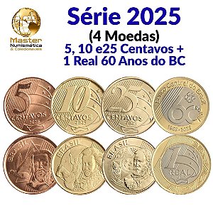 Lançamento - Kit com 4 Moedas de 2025 - 5, 10, 25 Centavos + 1 Real Comemorativa aos 60 anos do Banco Central - Flor de Cunho