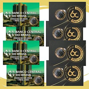 04 Cartelas com a Moeda de 1 Real 2025 - 60 Anos do Banco Central - Flor de Cunho