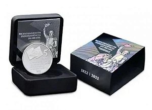 Promoção - Moeda do Brasil - 5 Reais 2022 - Comemorativa ao Bicentenário da Independência - PRATA 0.999 - 28.0 g - 40.0 mm - P-760 - Completa no estojo Original da CMB com luva e certificado - FRETE GRÁTIS