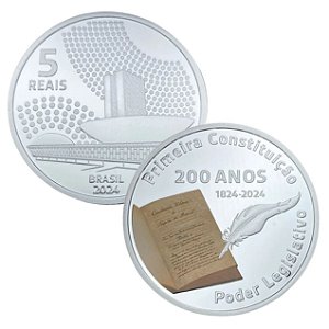 Promoção Moeda do Brasil - 5 Reais - 2024 - 200 anos da Primeira Constituição - P-761 - Proof - Prata  (.999) - FC - 28 g - 40 mm - (1ª moeda de prata brasileira com detalhe colorido) - No estojo com certificado - FRETE GRÁTIS