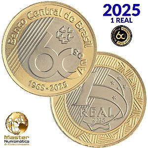 Lançamento - Moeda de 1 Real 2025 - 60 Anos do Banco Central - Flor de Cunho