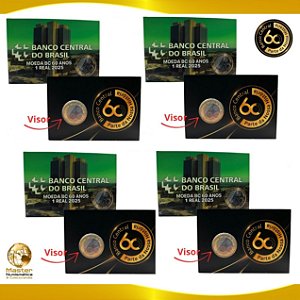 Lançamento - 04 Cartelas com visor contendo a Moeda de 1 Real 2025 - 60 Anos do Banco Central - Flor de Cunho