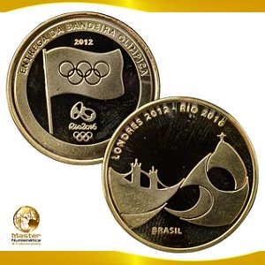 Medalha Comemorativa, Entrega da Bandeira Olímpica - Londres 2012 e Brasil 2016 - Olimpíadas Rio 2016, Dourada, 10.9g – 27.0mm, Proof – Souvenir - Flor de Cunho na Cáspsula.
