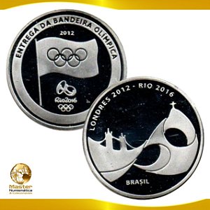 Medalha Comemorativa, Entrega da Bandeira Olímpica - Londres 2012 e Brasil 2016 - Olimpíadas Rio 2016, Prateada, 10.9g – 27.0mm, Proof – Souvenir - Flor de Cunho na Cáspsula.