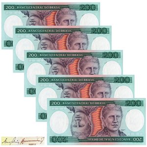 Brasil - 5 Cédulas de 200 Cruzeiros 1984 - Princesa Isabel - C-159 - Sequência - Série 3906 - Flor de Estampa
