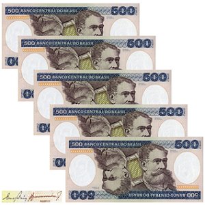 Brasil - 5 Cédulas de 500 Cruzeiros 1985 - Deodoro da Fonseca - C-161 - Sequência - Série 4195 - Flor de Estampa