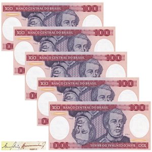 Brasil - 5 Cédulas de 100 Cruzeiros 1984 - Duque de Caxias - C-157 - Sequência - Série 8155 - Flor de Estampa