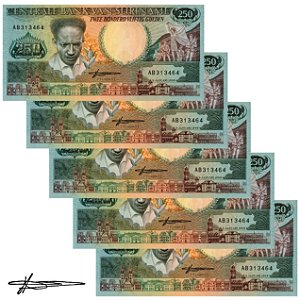 Suriname - 5 Cédulas de 250 Gulden 1988 - P-134a - Sequência - Flor de Estampa