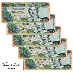 Bahamas - 5 Cédulas de 1/2 Dollar 2001 - P-68a - Rainha - Sequência - Flor de Estampa