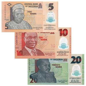 Nigéria - Set com 03 Cédulas de 5 a 20 Naira 2022/2024- P-34/38/39 - Polímero - Flor de Estampa