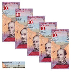 Venezuela - 5 Cédulas de 10 Bolivares Soberanos 2018 - P-103a - Rafael Urdaneta - Sequência - FE