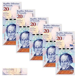 Venezuela - 5 Cédulas de 20 Bolivares Soberanos 2018 - P-104a - Simon Rodriguez - Sequência - FE
