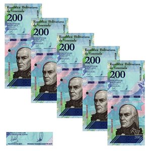 Venezuela - 5 Cédulas de 200 Bolivares Soberanos 2018 - P-107b - Francisco de Miranda - Sequência - FE