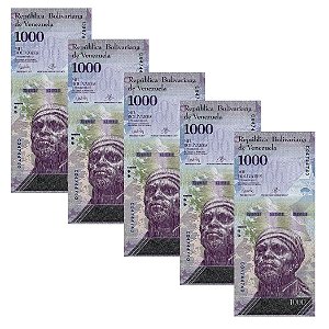 Venezuela - 5 Cédulas de 1000 Bolivares Forte 2017 - P-95b - Negro Primero - Sequência - FE