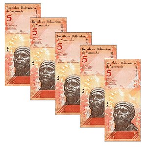 Venezuela - 5 Cédulas de 5 Bolivares Forte 2014 - P-89f - Negro Primero - Sequência - FE