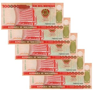 Moçambique - 5 Cédulas de 100000 Meticais 1993 - P-139 - Sequência - FE