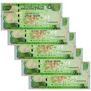 Etiópia - 5 Cédulas de 10 Birr 2020 - P-53a - 2012 Ephiopian Era - Sequência - FE