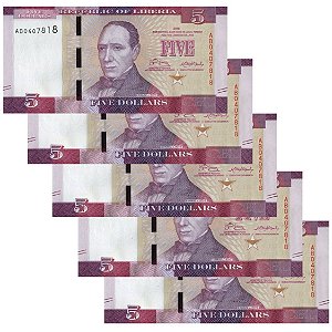 Libéria - 5 Cédulas de 5 Dollars 2016 - P-31a - Edward J. Roye - Sequência - FE