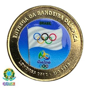 Colorida - Moeda de 1 Real 2012 - Bandeira Olimpica V-600 - Colorizada - Flor de Cunho
