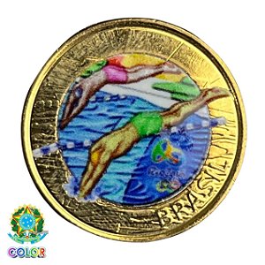 Colorida - Moeda 1 Real 2014 - Natação - V-608 - Colorizada - Flor de Cunho