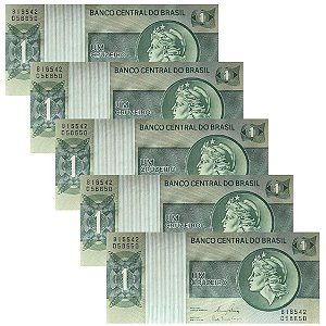 Brasil - 5 Cédulas de 1 Cruzeiro 1980 C-132 - B14483 ou B16542 - Efigie - Sequência - FE