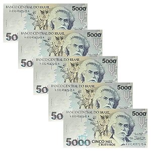 Brasil - 5 Cédulas de 5.000 Cruzeiros 1993 C-221 - Carlos Gomes - Sequência - FE