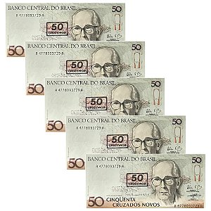 Brasil - 5 Cédulas de 50 Cruzeiros 1990 C-210 - Drummond - Sequência - FE