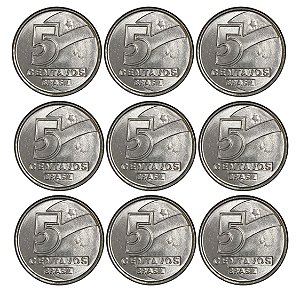 Promoção - 9 Moedas de 5 Centavos 1989 - V-406 - Pescador - Aço Inox - Flor de Cunho