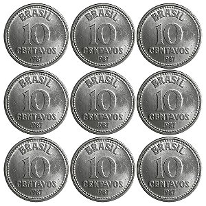 Promoção - 9 Moedas de 10 Centavos 1987 - V-387 - Aço Inox - Flor de Cunho