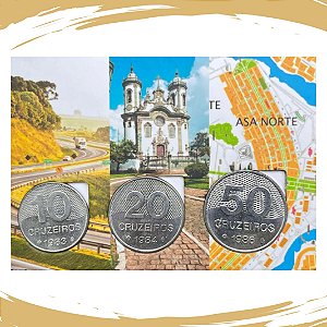 Cartela com as Moedas de 10 - 20 e 50 Cruzeiros 1980/1986 - Circuladas