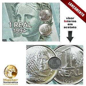 Cartela com visor contendo a Moeda de 1 Real 1994 - V-454 - Aço Inox - Circulada