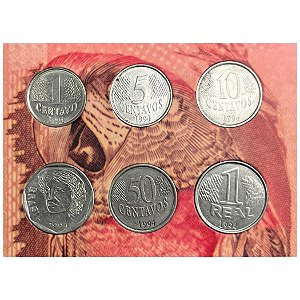 Cartela com a Série completa do Real 1994 - 1 centavo a 1 Real - Aço Inox - Circuladas