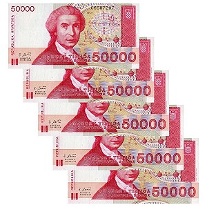 Croacia - 5 Cédulas de 50.000 Dinara 1993 - P-26a - Sequência - FE