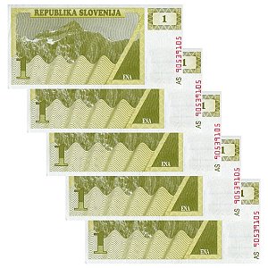 Eslovenia - 5 Cédulas de 1 Tolar 1990 - P-1a - Sequência - FE