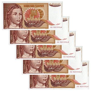 Iugoslávia - 5 Cédulas de 10.000 Dinara 1992 - P-116a - Sequência - FE