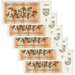 Lituania - 5 Cédulas de 1 Talonas 1992 - P-39a - Sequência - FE