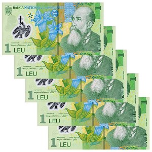 Romenia - 5 Cédulas de 1 Leu 2023 - P-117o - Polimero - Sequência - FE